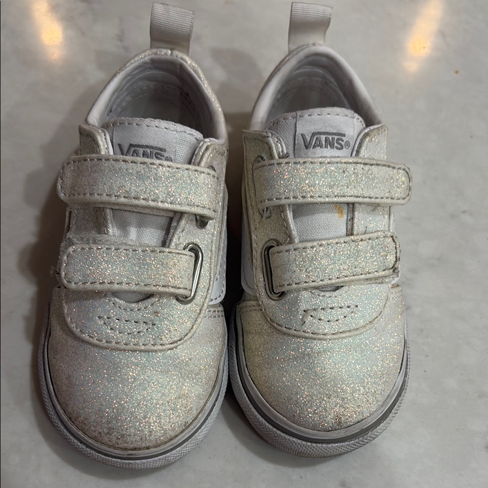 Size 6 Vans White Glitter Sneakers with Velcro Straps (Toddler)
